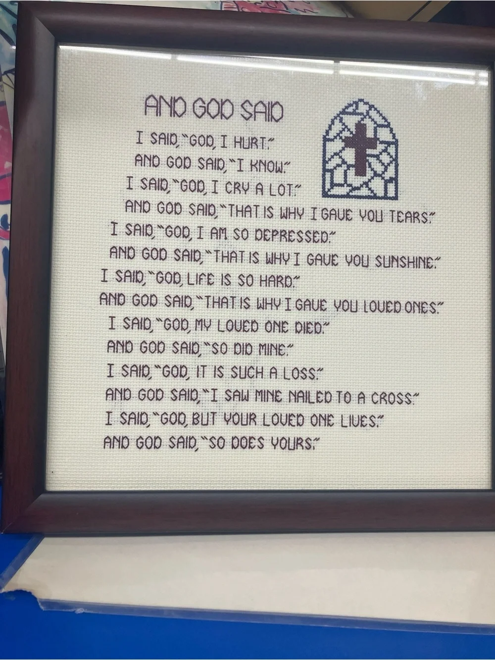 Vintage Framed Completed Cross Stitch “And God Said” poem Wall Art~Christian Rel